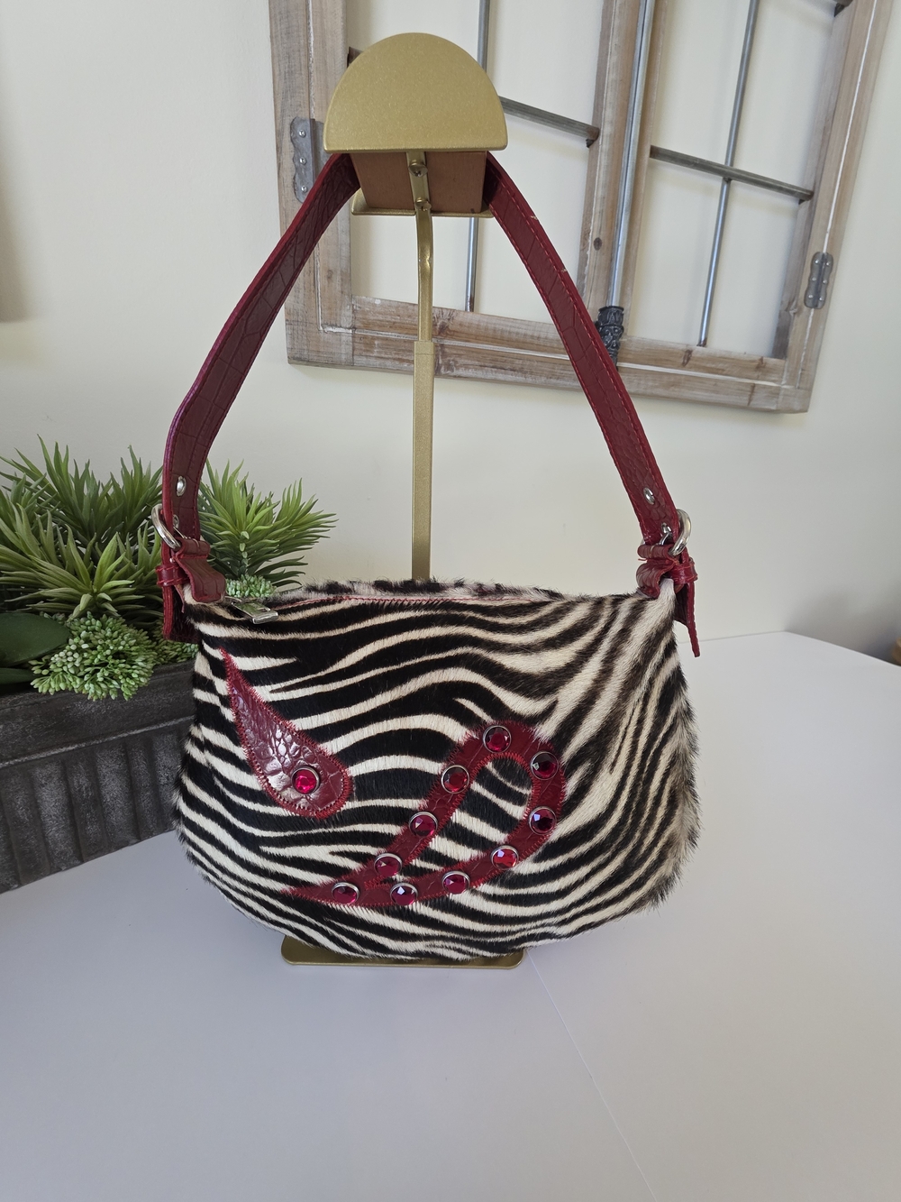 Cecconi Piero Made In Italy Zebra Hair Calf Crystal Y2K Hobo Shoulder Bag